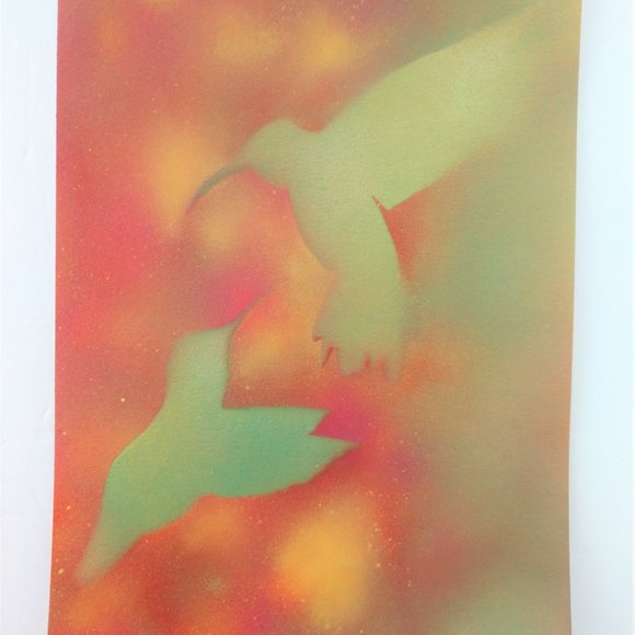 Handmade Abstract Painting of Two Green Hummingbirds In Flowers on 15x11 paper - Picture 7 of 14